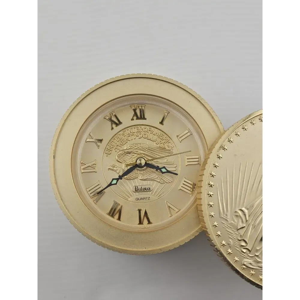 New Bulova Walking Liberty Gold Coin Hidden Quartz Alarm Clock Desk Runs Kraft